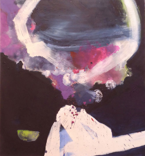 abstract image with dark green background, and with pink, dark and bright blue, red and bright green oblong and round forms