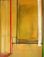 Modern art abstract oil painting, featuring a play of yellow and red with white and green, enfolding onto many windows of shape.