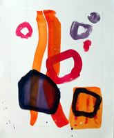 abstract art on paper, strong red orange and black strokes on white