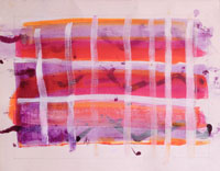 abstract art on paper, bright purple red and orange with white grid