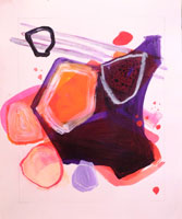 abstract art on paper, strong black orange and purple shape on white